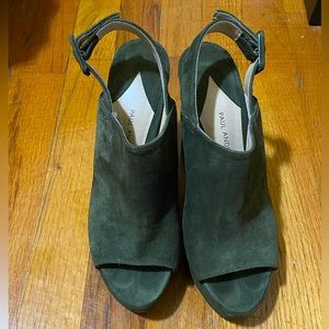 NWOB Women’s Paul Andrew olive green suede block open-toe heel shoes, size 37